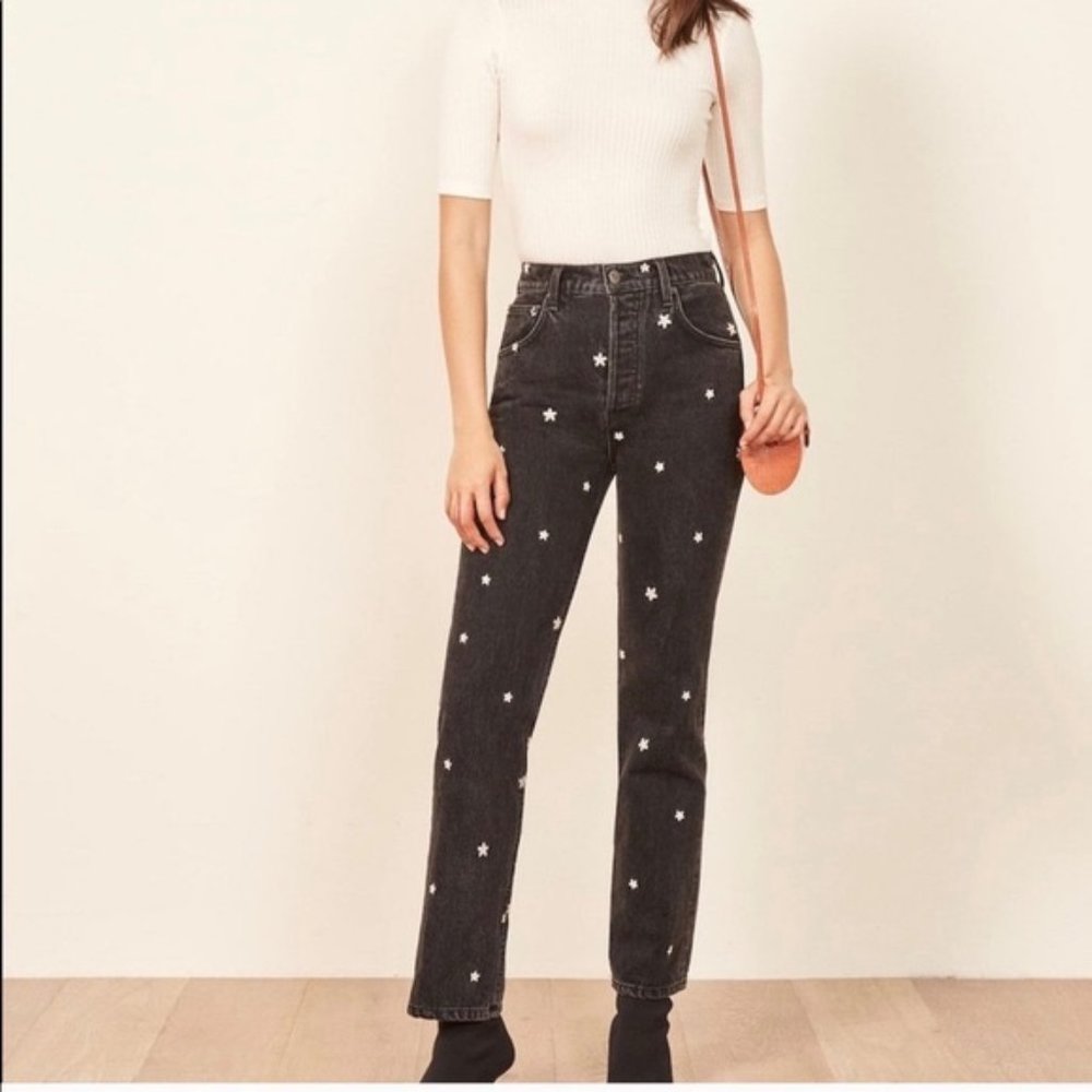 Reformation Cynthia High Relaxed Black Daisy Jeans